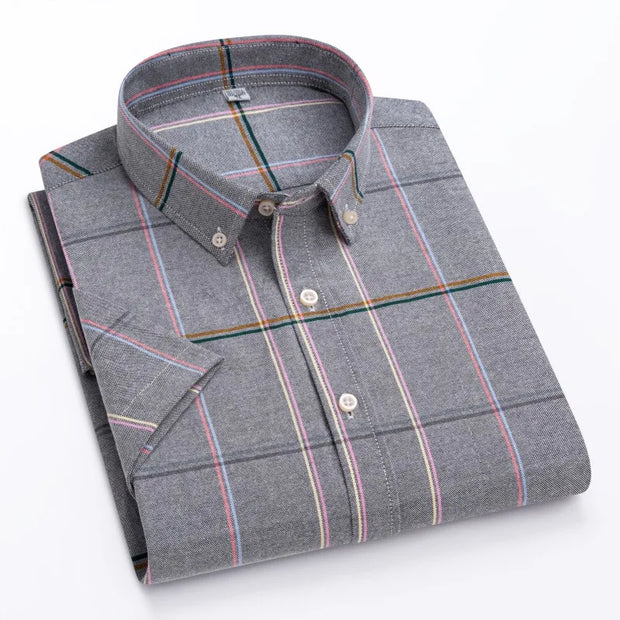 Men’s Classic Oxford Cotton Shirt – Short Sleeve Slim Fit Casual Plaid & Solid