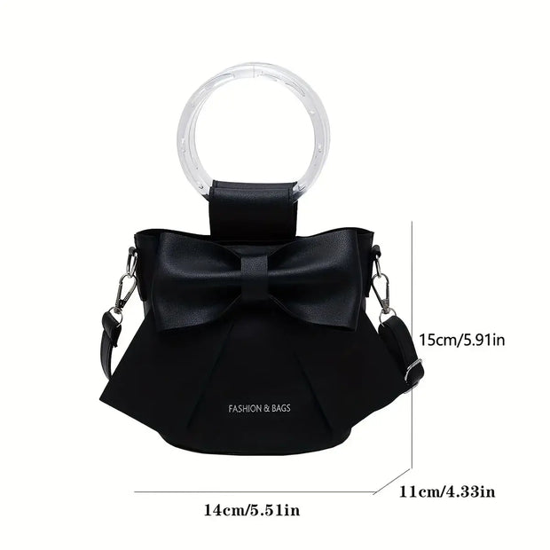 Elegant Bow Bucket Bag – Women’s PU Leather Crossbody with Round Handle & Detachable Strap