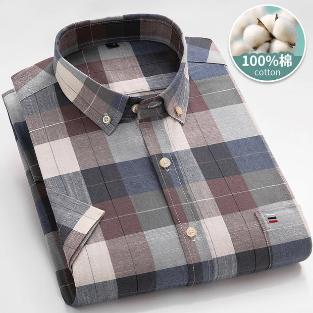 Men’s Classic Oxford Cotton Shirt – Short Sleeve Slim Fit Casual Plaid & Solid