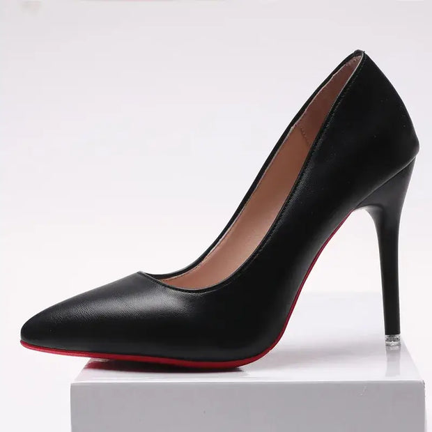 Red Sole Matte Black Stiletto Pumps – Women’s Slip-On High Heels for Office & Evening Wear