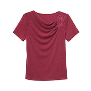Korean Summer Women's Luxury Hot Diamonds T-shirt Chic Skew Neck Short Sleeve Tees Ladies Elastic Mesh Beading Sexy Topsnds Tees