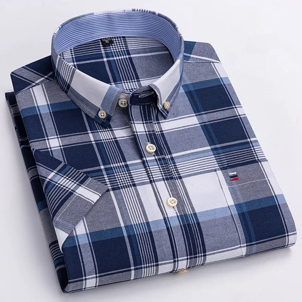 Men’s Classic Oxford Cotton Shirt – Short Sleeve Slim Fit Casual Plaid & Solid