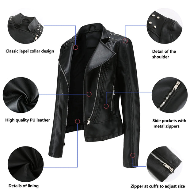 Women's Faux Leather Biker Jacket – Punk Rivet Style, Slim Fit, Retro Moto Outerwear
