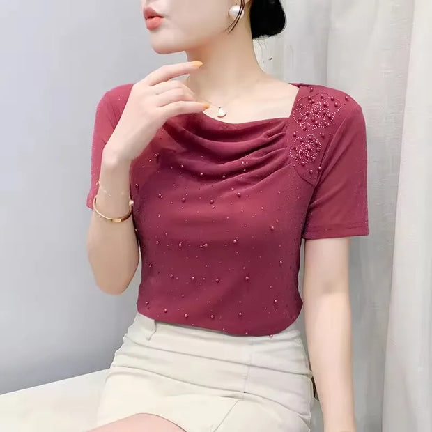 Korean Summer Women's Luxury Hot Diamonds T-shirt Chic Skew Neck Short Sleeve Tees Ladies Elastic Mesh Beading Sexy Topsnds Tees