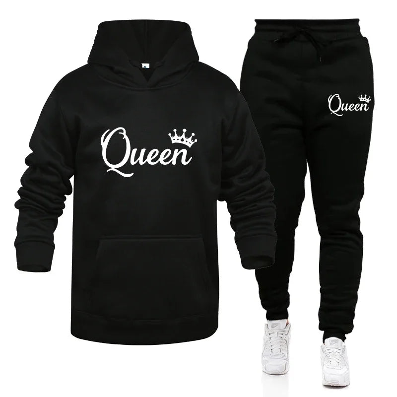 KING & QUEEN Matching Couple Tracksuit – 2-Piece Hoodie and Pants Set | Casual Streetwear Outfit for Autumn & Winter