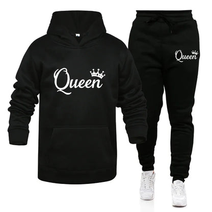 KING & QUEEN Matching Couple Tracksuit – 2-Piece Hoodie and Pants Set | Casual Streetwear Outfit for Autumn & Winter