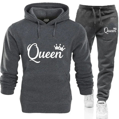 KING & QUEEN Matching Couple Tracksuit – 2-Piece Hoodie and Pants Set | Casual Streetwear Outfit for Autumn & Winter