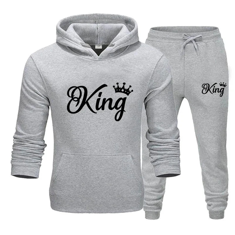 KING & QUEEN Matching Couple Tracksuit – 2-Piece Hoodie and Pants Set | Casual Streetwear Outfit for Autumn & Winter