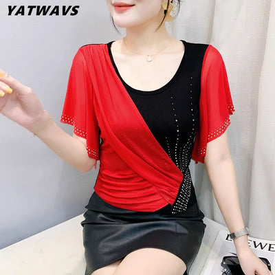 Elegant Summer Women’s Mesh Ruffle T-Shirt – Slim Fit O-Neck Top with Diamond Detail