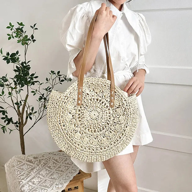 Summer Straw Shoulder Tote – Women’s Woven Beach Bag with Zipper & Large Capacity