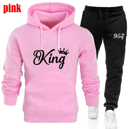 KING & QUEEN Matching Couple Tracksuit – 2-Piece Hoodie and Pants Set | Casual Streetwear Outfit for Autumn & Winter