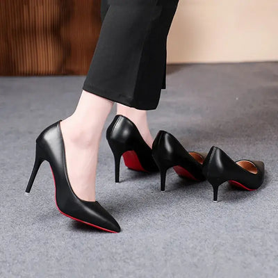 Red Sole Matte Black Stiletto Pumps – Women’s Slip-On High Heels for Office & Evening Wear