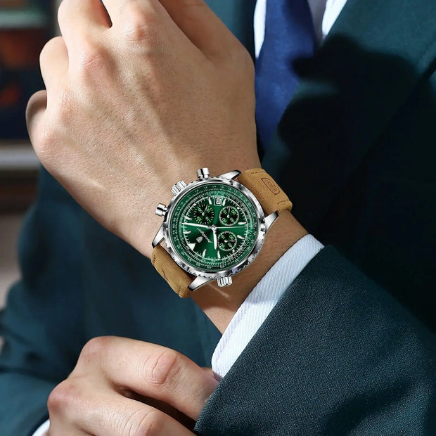 POEDAGAR Luxury Men’s Chronograph Watch – Waterproof Quartz Military Leather Wristwatch