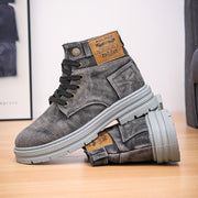 Vintage Style High-Top Casual Denim Boots for Men, Solid Color Fabric Upper with PVC Sole, Round Toe Lace-Up Short Boots, All-Season Wear, Retro Design with Decorative Stitching And Button Closure, Comfortable Fabric Inner, R