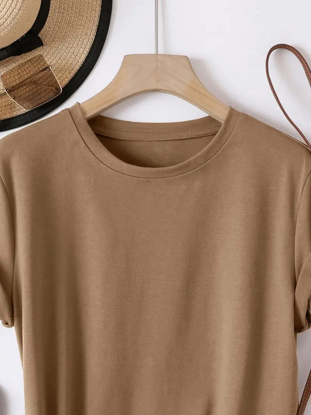 Women’s Brown Cotton T-Shirt – Leopard Floral Patchwork Casual Top