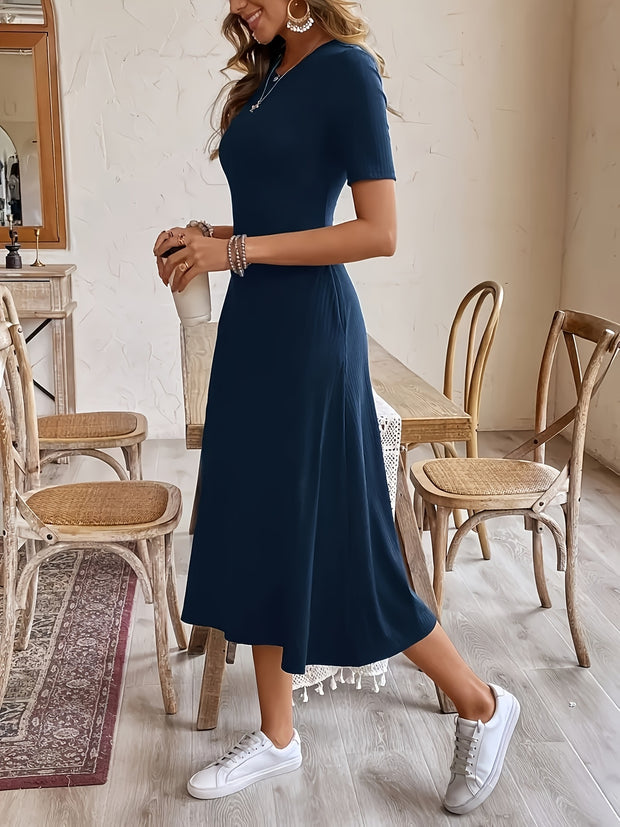 Women’s Black Midi Dress – A-Line Short Sleeve Elegant Work Dress