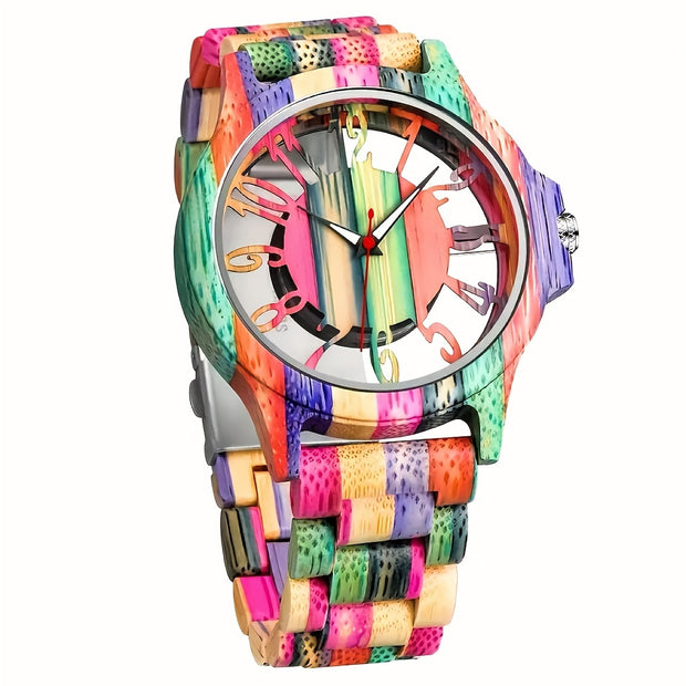 Wooden Analog Quartz Watch – Colorful Hollow Dial, Stylish Gift for Him or Her