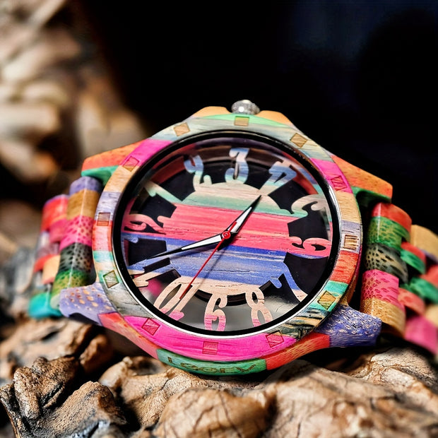 Wooden Analog Quartz Watch – Colorful Hollow Dial, Stylish Gift for Him or Her