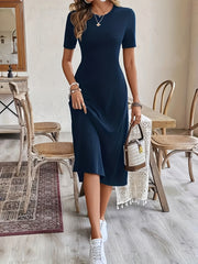 Women’s Black Midi Dress – A-Line Short Sleeve Elegant Work Dress