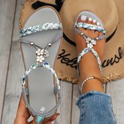 2025 New Women's Elegant Floral Woven Flat Sandals with Adjustable Ankle Strap & Beaded Embellishments - Slip-On Open-Toe Summer Beach Shoes, Breathable Fabric Upper & Lining, Non-Slip Rubber Sole for Casual Vacations, Strapp