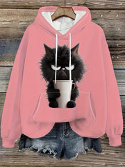 Pink Cartoon Cat Print Hoodie – Women’s Casual Pullover with Drawstring & Kangaroo Pocket