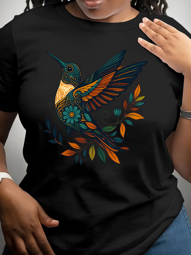 Women’s Dark Grey Bird Graphic T-Shirt – Casual Short Sleeve Top