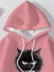 Pink Cartoon Cat Print Hoodie – Women’s Casual Pullover with Drawstring & Kangaroo Pocket