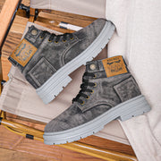Vintage Style High-Top Casual Denim Boots for Men, Solid Color Fabric Upper with PVC Sole, Round Toe Lace-Up Short Boots, All-Season Wear, Retro Design with Decorative Stitching And Button Closure, Comfortable Fabric Inner, R