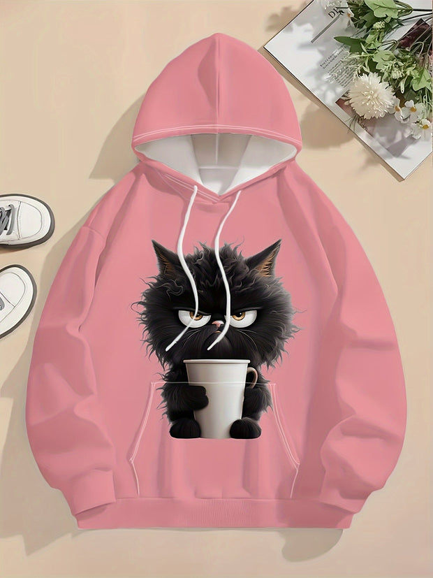Pink Cartoon Cat Print Hoodie – Women’s Casual Pullover with Drawstring & Kangaroo Pocket