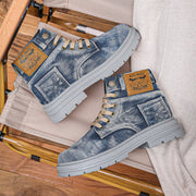 Vintage Style High-Top Casual Denim Boots for Men, Solid Color Fabric Upper with PVC Sole, Round Toe Lace-Up Short Boots, All-Season Wear, Retro Design with Decorative Stitching And Button Closure, Comfortable Fabric Inner, R
