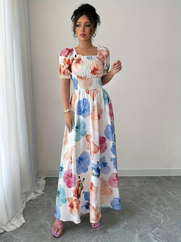 Elegant Floral Print Maxi Dress with Ruffle Sleeves and Lantern Sleeves - Notch Neck, A-Line Silhouette, Flowy Design for Spring/Summer/Fall, Spring Fashion | Flowy Sleeve Dress | Notch Neck Design, Cute Dresse