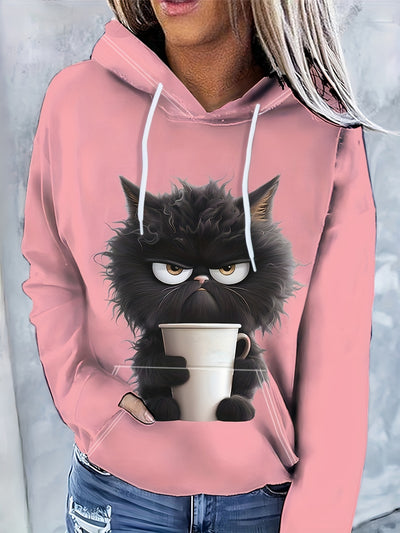 Pink Cartoon Cat Print Hoodie – Women’s Casual Pullover with Drawstring & Kangaroo Pocket