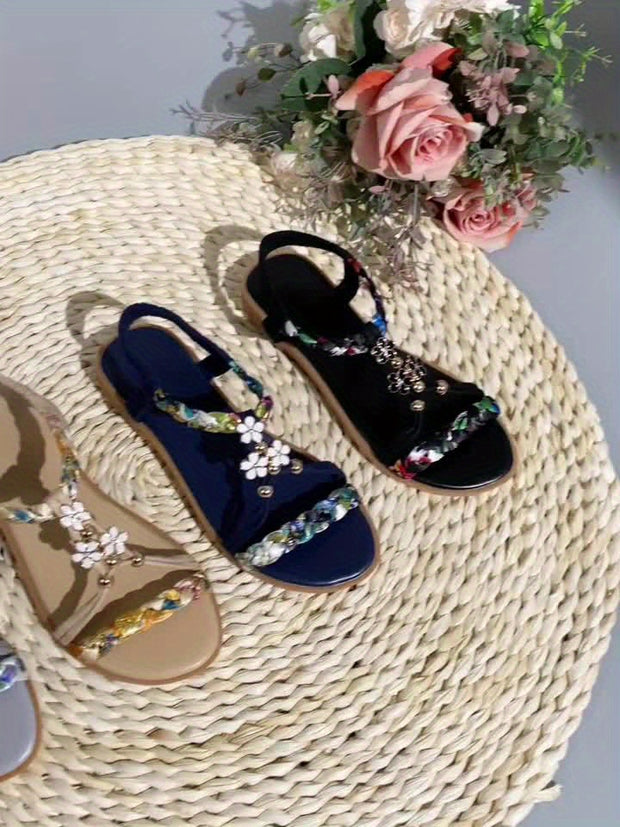 2025 New Women's Elegant Floral Woven Flat Sandals with Adjustable Ankle Strap & Beaded Embellishments - Slip-On Open-Toe Summer Beach Shoes, Breathable Fabric Upper & Lining, Non-Slip Rubber Sole for Casual Vacations, Strapp