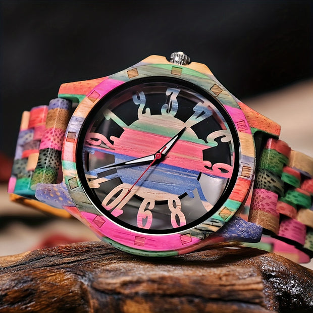 Wooden Analog Quartz Watch – Colorful Hollow Dial, Stylish Gift for Him or Her