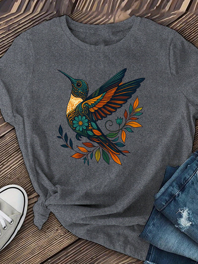 Women’s Dark Grey Bird Graphic T-Shirt – Casual Short Sleeve Top