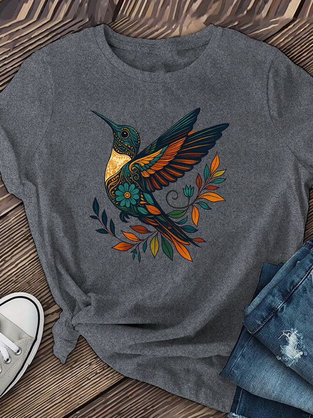 Women’s Dark Grey Bird Graphic T-Shirt – Casual Short Sleeve Top