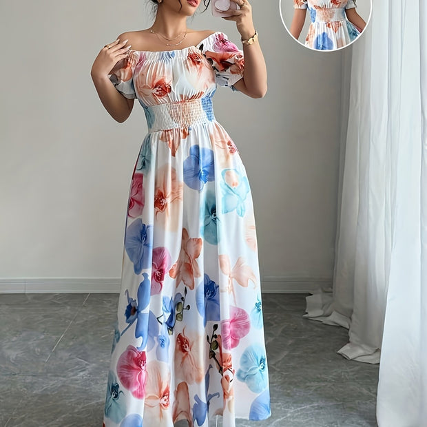 Elegant Floral Print Maxi Dress with Ruffle Sleeves and Lantern Sleeves - Notch Neck, A-Line Silhouette, Flowy Design for Spring/Summer/Fall, Spring Fashion | Flowy Sleeve Dress | Notch Neck Design, Cute Dresse