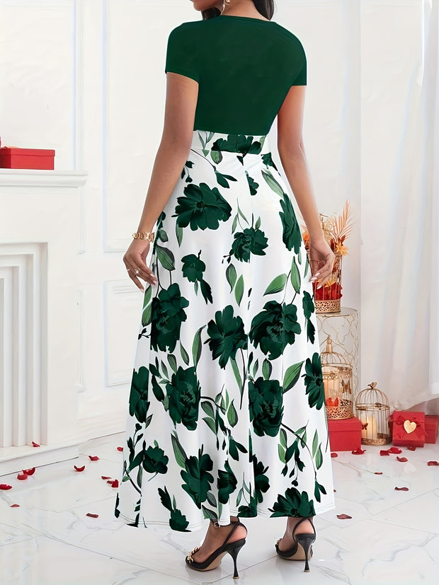Women’s Floral Maxi Dress – Elegant Short Sleeve High-Waist Dress