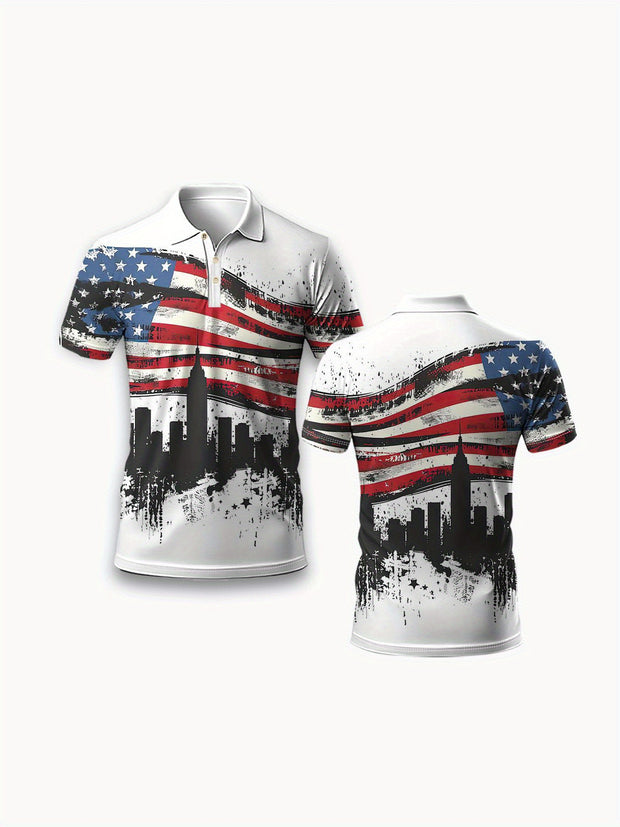 Men’s American Flag & Cityscape Print Shirt – Breathable Polyester Short Sleeve for Golf, BBQ, Vacation