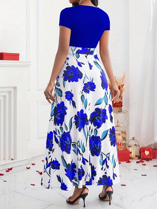 Women’s Floral Maxi Dress – Elegant Short Sleeve High-Waist Dress