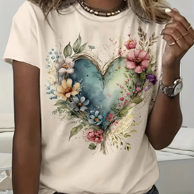 Women’s Floral Heart T-Shirt – Soft Beige Short Sleeve Casual Top