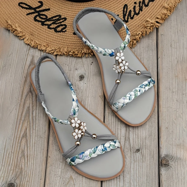 2025 New Women's Elegant Floral Woven Flat Sandals with Adjustable Ankle Strap & Beaded Embellishments - Slip-On Open-Toe Summer Beach Shoes, Breathable Fabric Upper & Lining, Non-Slip Rubber Sole for Casual Vacations, Strapp