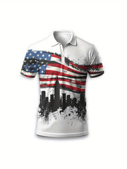 Men’s American Flag & Cityscape Print Shirt – Breathable Polyester Short Sleeve for Golf, BBQ, Vacation