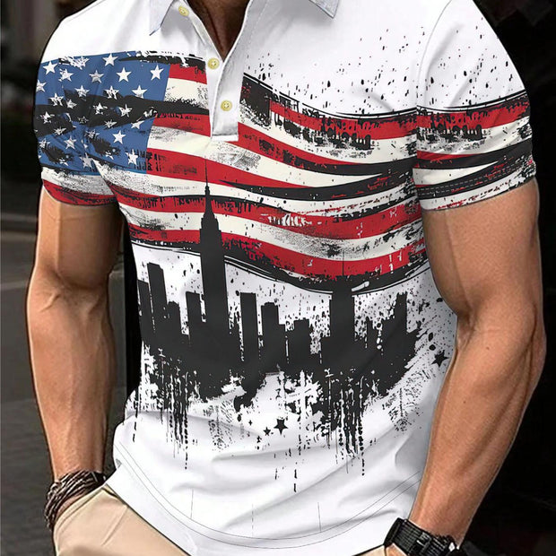 Men’s American Flag & Cityscape Print Shirt – Breathable Polyester Short Sleeve for Golf, BBQ, Vacation
