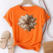 Women’s Brown Cotton T-Shirt – Leopard Floral Patchwork Casual Top