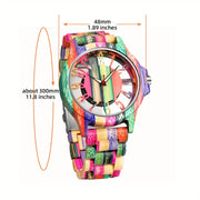 Wooden Analog Quartz Watch – Colorful Hollow Dial, Stylish Gift for Him or Her