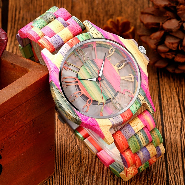 Wooden Analog Quartz Watch – Colorful Hollow Dial, Stylish Gift for Him or Her