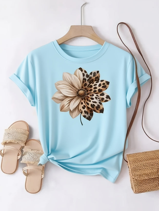 Women’s Brown Cotton T-Shirt – Leopard Floral Patchwork Casual Top