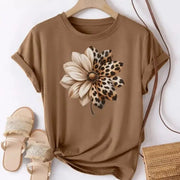 Women’s Brown Cotton T-Shirt – Leopard Floral Patchwork Casual Top